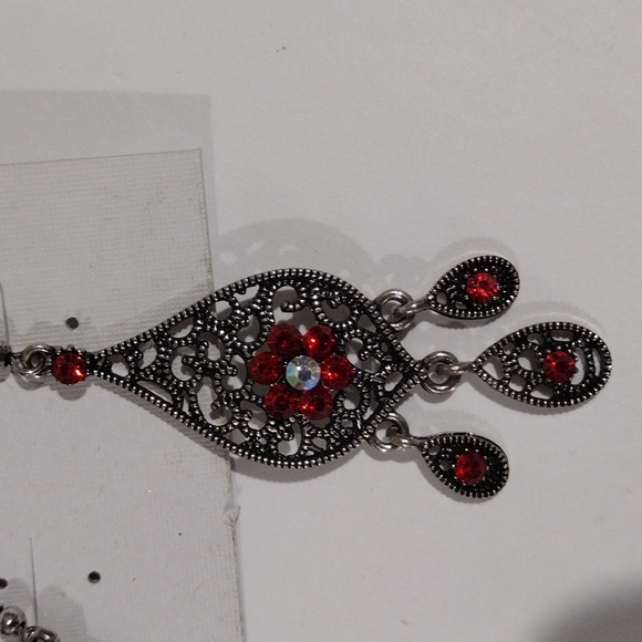 Red Crystal Drop Dangle Earrings – Filigree Fringe Design, Gold Women's Jewelry - Picture 6 of 10